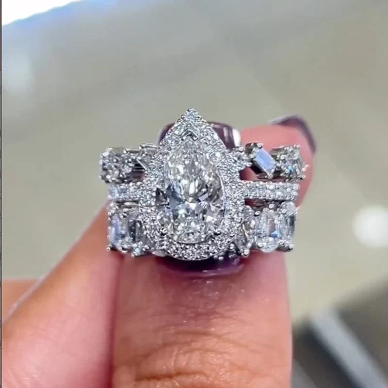 Halo Pear Cut Wedding Ring Set For Women