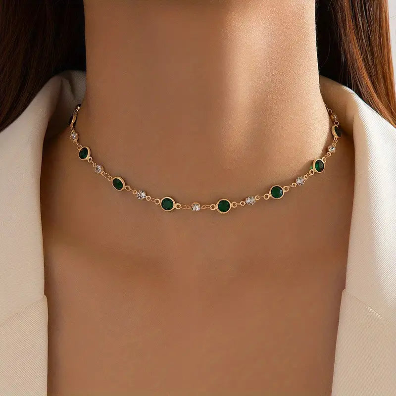 Gold Emerald Station Necklace