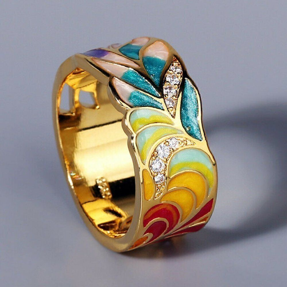 Hand-Painted Floral Ring in Vintage Gold