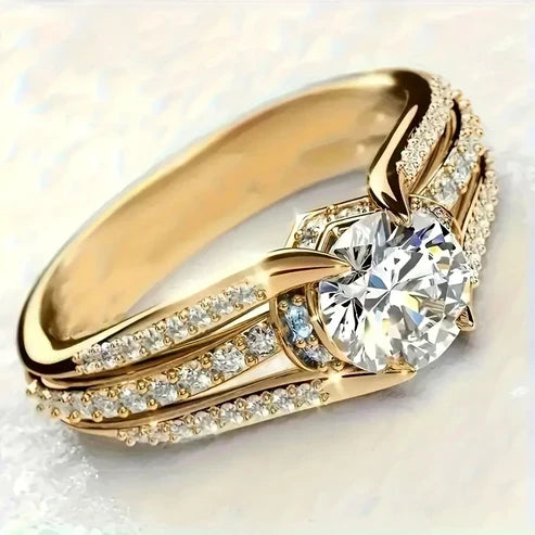 White Rounded Crystal Golden Ring