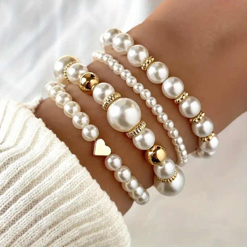 Gold Pearl Beaded Bracelet Set