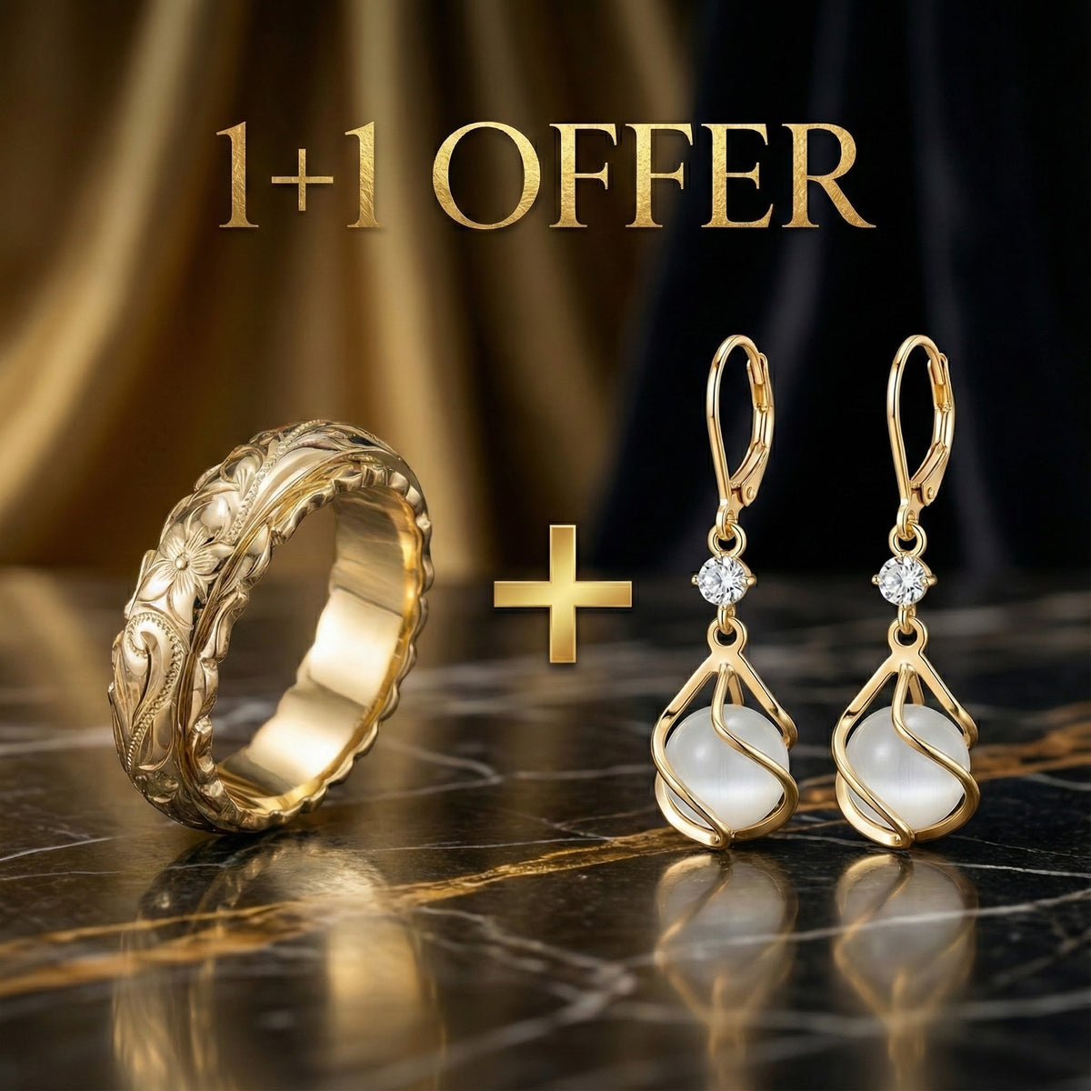 1+1 Offer: Vintage Gold Ring with Natural Pattern + Vintage White Opal Dangling Golden Earrings