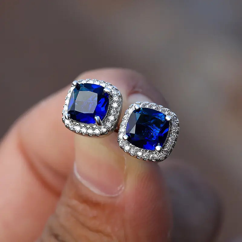 Silver Sapphire Halo Stud Earrings