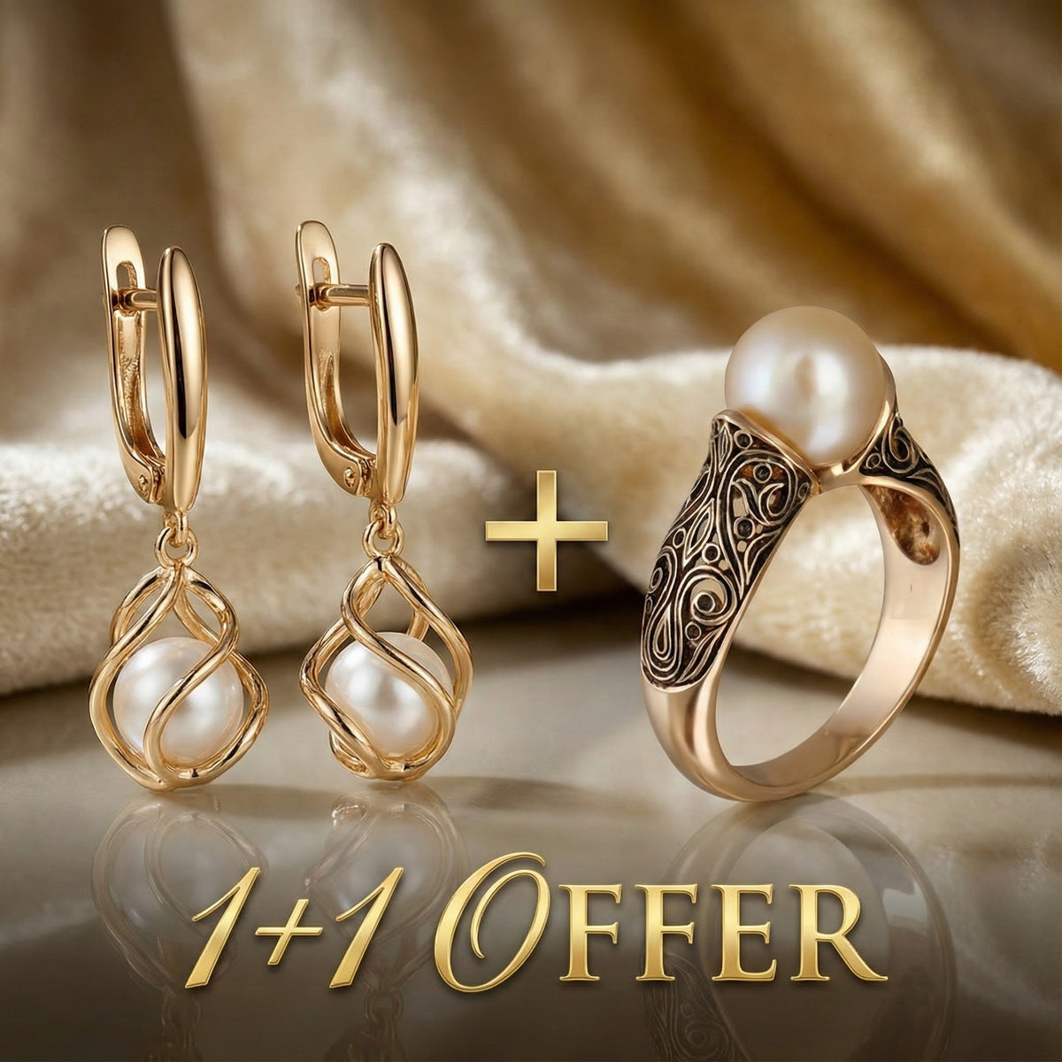 1+1 Offer: Elegant Gold Pearl Earrings + Vintage Gold Ring with a Fancy Pearl