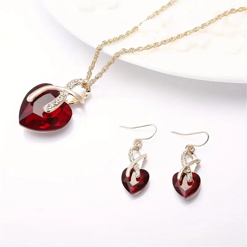 Gold Ruby Twisted Heart Jewelry Set