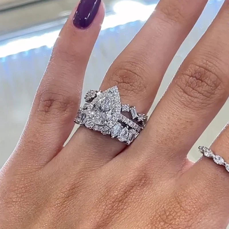 Halo Pear Cut Wedding Ring Set For Women