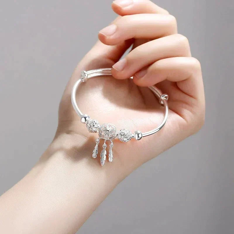 Adjustable Bracelet with Triple Leaf Charms Made of 925 Sterling Silver
