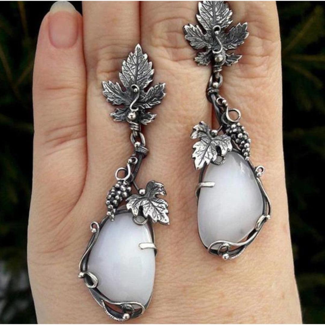 Boho Leaf Earrings with White Opal in Sterling Silver