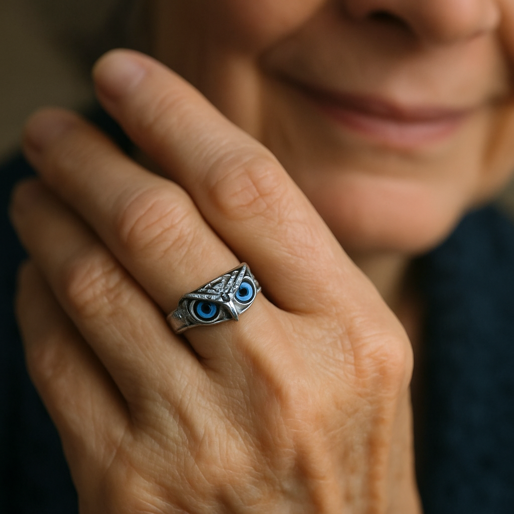 Owl of Luck – Silver Adjustable Ring with Opal