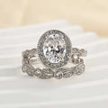 Leaf & Vine Art Deco Halo Oval Cut Ring Set