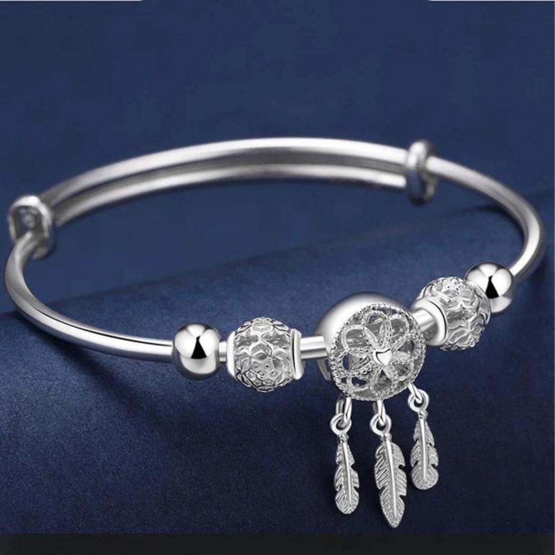 Adjustable Bracelet with Triple Leaf Charms Made of 925 Sterling Silver