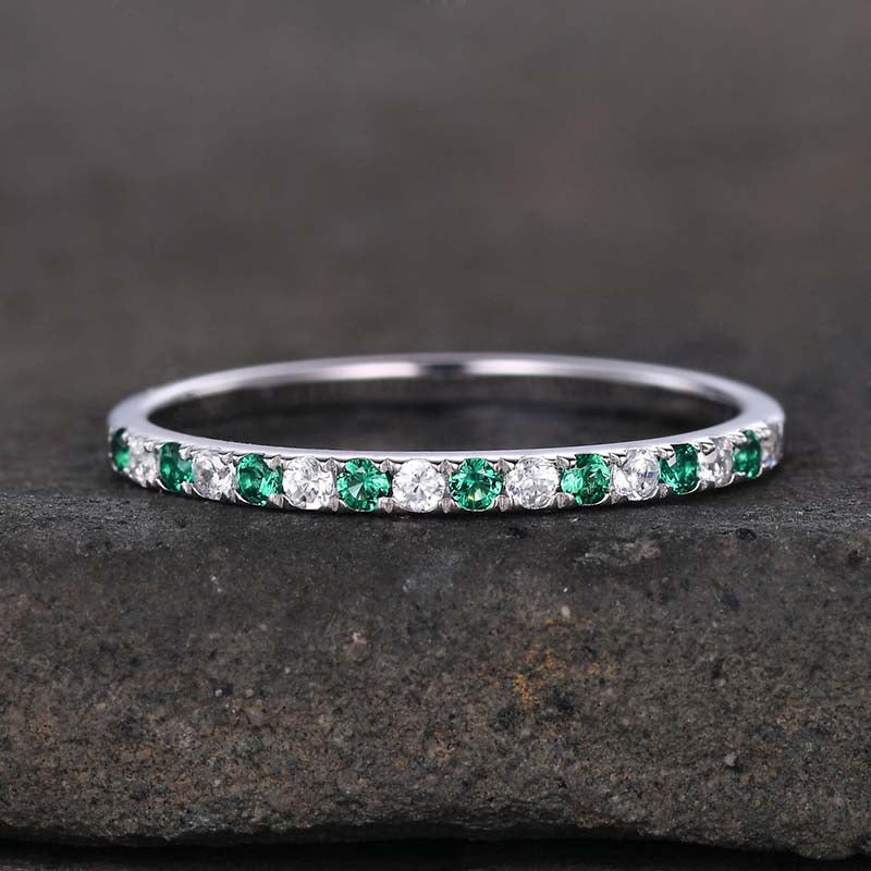 Round Cut Half Eternity Blue and White Sapphire Wedding Ring