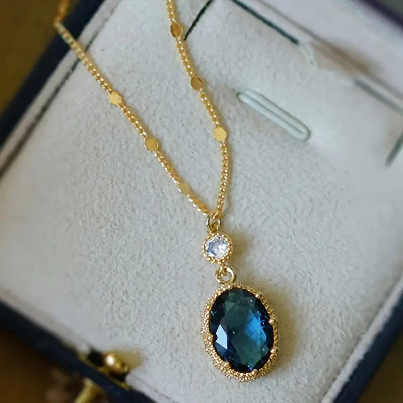 Gold Sapphire Oval Drop Necklace
