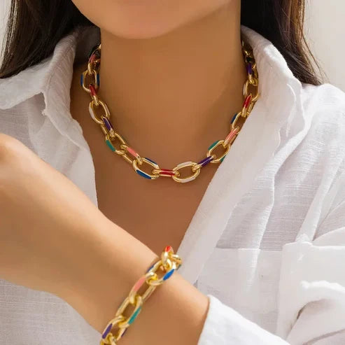 Colorful Chain Bracelet And Necklace Set