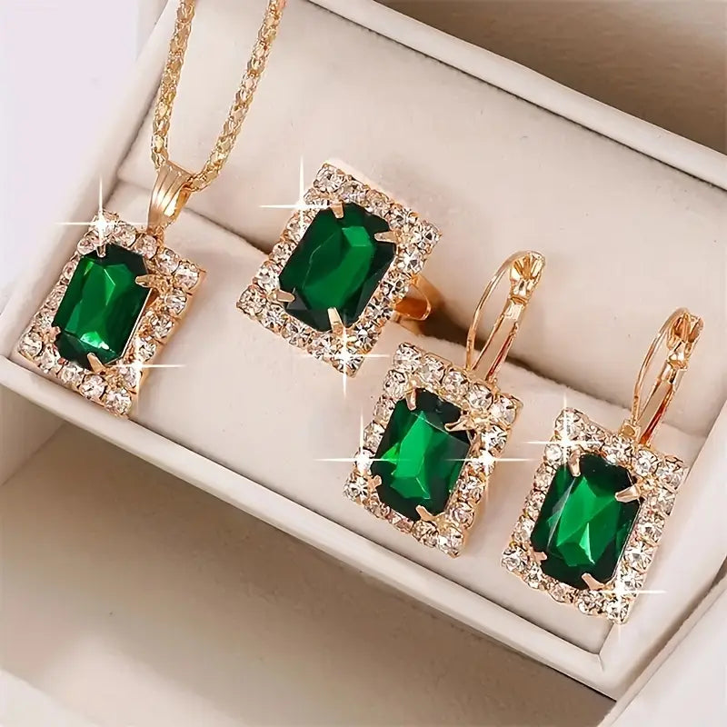Gold Emerald Rectangular Jewelry Set