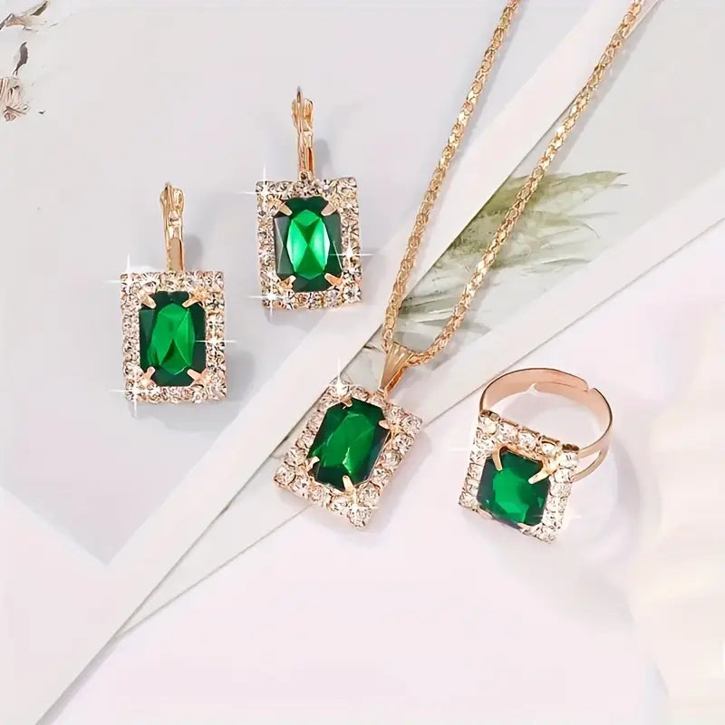 Gold Emerald Rectangular Jewelry Set