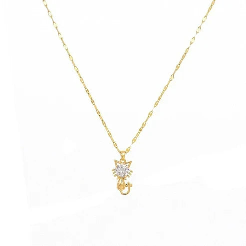 Gold Platted Cat Necklace With Zircon