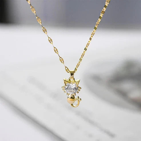 Gold Platted Cat Necklace With Zircon