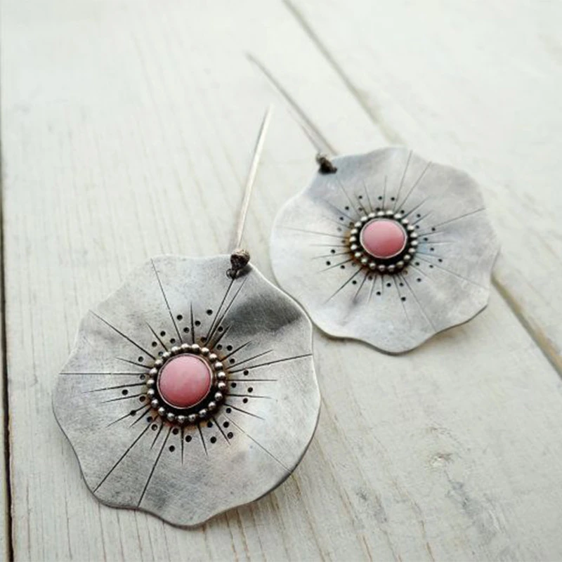 Vintage Earrings with Silver Flower Petals and Red Stone