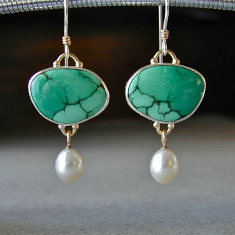 Vintage Earrings Made of Turquoise and Pearls