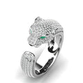 Adjustable Jaguar Ring Made of 18K Silver and 18K Rose Gold with Green Zirconia Eyes